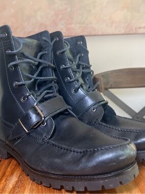 Polo by Ralph Lauren Black Leather Lug-Soled Lace-Up Boots with Buckle